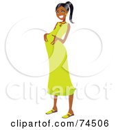 Poster, Art Print Of Happy Pregnant Black Woman Rubbing Her Belly In A Green Dress