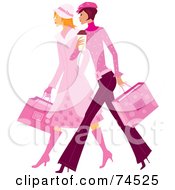 Poster, Art Print Of Two Stylish Ladies In Pink Walking And Carrying Shopping Bags