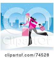 Poster, Art Print Of Woman Running Through The Snow With Shopping Bags In A Blue City