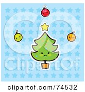 Poster, Art Print Of Happy Christmas Tree With Baubles And A Star Over A Blue Starry Background