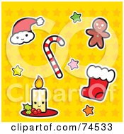 Santa Hat Candy Cane Gingerbread Man Stocking And Candle With Stars On Yellow