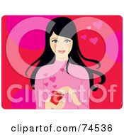 Royalty Free RF Clipart Illustration Of A Pretty Black Haired Woman Opening A Box Of Hearts by Monica