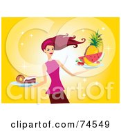 Red Haired Woman Serving Fruit And Desserts