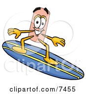 Clipart Picture Of A Bandaid Bandage Mascot Cartoon Character Surfing On A Blue And Yellow Surfboard