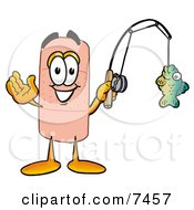 Clipart Picture Of A Bandaid Bandage Mascot Cartoon Character Holding A Fish On A Fishing Pole