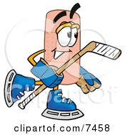 Clipart Picture Of A Bandaid Bandage Mascot Cartoon Character Playing Ice Hockey