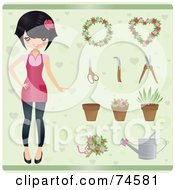 Poster, Art Print Of Stylish Young Female Gardener With Plants And Tools Over Green