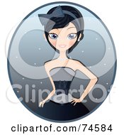 Poster, Art Print Of Formal Black Haired Blue Eyed Woman In A Black And Gray Gown
