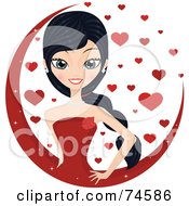 Poster, Art Print Of Stunning Black Haired Woman In A Red Dress In A Circle Of Hearts