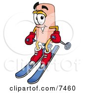 Clipart Picture Of A Bandaid Bandage Mascot Cartoon Character Skiing Downhill