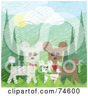 Poster, Art Print Of Painted Scene Of Three White And Brown Poodles In The Woods With Texture