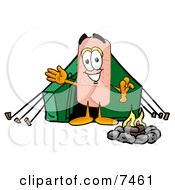 Bandaid Bandage Mascot Cartoon Character Camping With A Tent And Fire by Mascot Junction