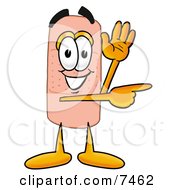 Clipart Picture Of A Bandaid Bandage Mascot Cartoon Character Waving And Pointing