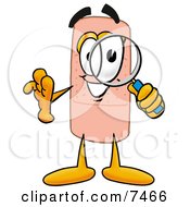 Clipart Picture Of A Bandaid Bandage Mascot Cartoon Character Looking Through A Magnifying Glass by Mascot Junction
