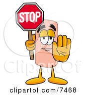 Clipart Picture Of A Bandaid Bandage Mascot Cartoon Character Holding A Stop Sign by Mascot Junction