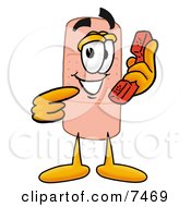Clipart Picture Of A Bandaid Bandage Mascot Cartoon Character Holding A Telephone