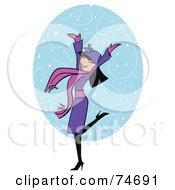 Happy Woman Wearing A Purple Coat And Celebrating In The Snow
