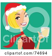 Royalty Free RF Clipart Illustration Of A Friendly Blond Woman In A Santa Hat Drinking Egg Nog by peachidesigns