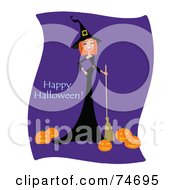 Poster, Art Print Of Laughing Red Haired Witch With A Broom And Pumpkins With Happy Halloween Text