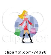 Poster, Art Print Of Stylish Blond Woman In Boots And A Red Dress Carrying Shopping Bags In A City