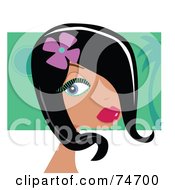 Poster, Art Print Of Beautiful Black Haired Woman With A Flower In Her Hair Wearing Green Mascara