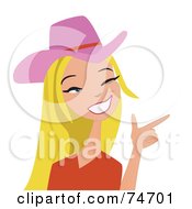 Blond Western Cowgirl Wearing A Pink Hat And Pointing Her Hand Like A Gun