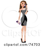 Poster, Art Print Of Sexy Brunette Woman In A Little Black Dress Talking On A Cell Phone