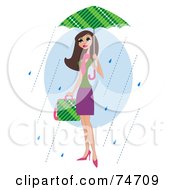 Poster, Art Print Of Stylish Brunette Woman Carrying A Bag And Walking In The Rain Under An Umbrella