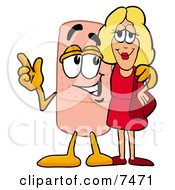Clipart Picture Of A Bandaid Bandage Mascot Cartoon Character Talking To A Pretty Blond Woman by Mascot Junction