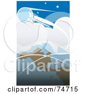 Poster, Art Print Of Blue Retro Scene Of Sputnik Orbiting Around Earth