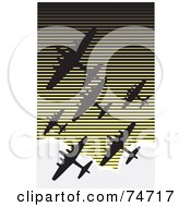 Royalty Free RF Clipart Illustration Of A Silhouetted World War II Military Bomber Fleet Of Over A Retro Sky