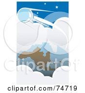 Poster, Art Print Of Blue Retro Scene Of Sputnik Orbiting Around Clouds And Earth