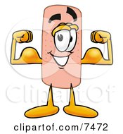 Clipart Picture Of A Bandaid Bandage Mascot Cartoon Character Flexing His Arm Muscles by Mascot Junction