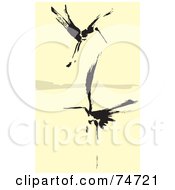 Two Black Abstract Cranes Flying Over Water