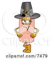 Poster, Art Print Of Bandaid Bandage Mascot Cartoon Character Wearing A Pilgrim Hat On Thanksgiving