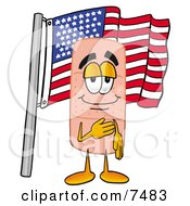 Clipart Picture Of A Bandaid Bandage Mascot Cartoon Character Pledging Allegiance To An American Flag