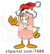 Clipart Picture Of A Bandaid Bandage Mascot Cartoon Character Wearing A Santa Hat And Waving by Mascot Junction