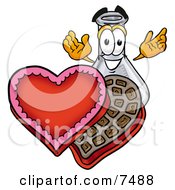 Poster, Art Print Of An Erlenmeyer Conical Laboratory Flask Beaker Mascot Cartoon Character With An Open Box Of Valentines Day Chocolate Candies