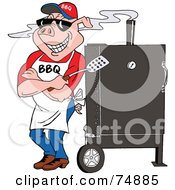 Royalty Free RF Clipart Illustration Of A Bbq Pig Standing Against A Smoker by LaffToon #COLLC74885-0065