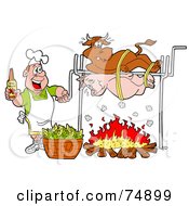 Poster, Art Print Of Man Holding A Bottle Of Bbq Sauce And Cooking A Cow And Pig Over A Fire