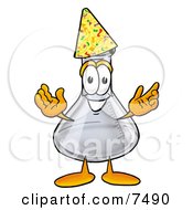 Poster, Art Print Of An Erlenmeyer Conical Laboratory Flask Beaker Mascot Cartoon Character Wearing A Birthday Party Hat