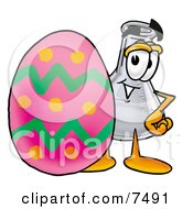 An Erlenmeyer Conical Laboratory Flask Beaker Mascot Cartoon Character Standing Beside An Easter Egg
