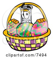 Poster, Art Print Of An Erlenmeyer Conical Laboratory Flask Beaker Mascot Cartoon Character In An Easter Basket Full Of Decorated Easter Eggs