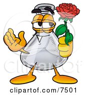 Poster, Art Print Of An Erlenmeyer Conical Laboratory Flask Beaker Mascot Cartoon Character Holding A Red Rose On Valentines Day
