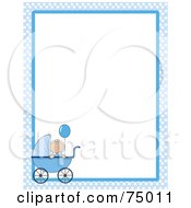 Royalty Free RF Clipart Illustration Of A Blue Baby Checkered Border With A Boy In A Pram Around White Space by Maria Bell