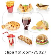 Poster, Art Print Of Digital Collage Of Fast Foods Fries Club Sandwich Pie Pizza Soda Taco Drink Hot Dog And Cheeseburger