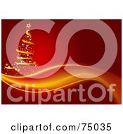 Royalty Free RF Clipart Illustration Of A Yellow And Starry Christmas Tree Over A Wave On Red