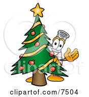 An Erlenmeyer Conical Laboratory Flask Beaker Mascot Cartoon Character Waving And Standing By A Decorated Christmas Tree