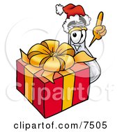 Poster, Art Print Of An Erlenmeyer Conical Laboratory Flask Beaker Mascot Cartoon Character Standing By A Christmas Present