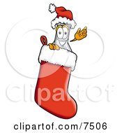 Poster, Art Print Of An Erlenmeyer Conical Laboratory Flask Beaker Mascot Cartoon Character Wearing A Santa Hat Inside A Red Christmas Stocking